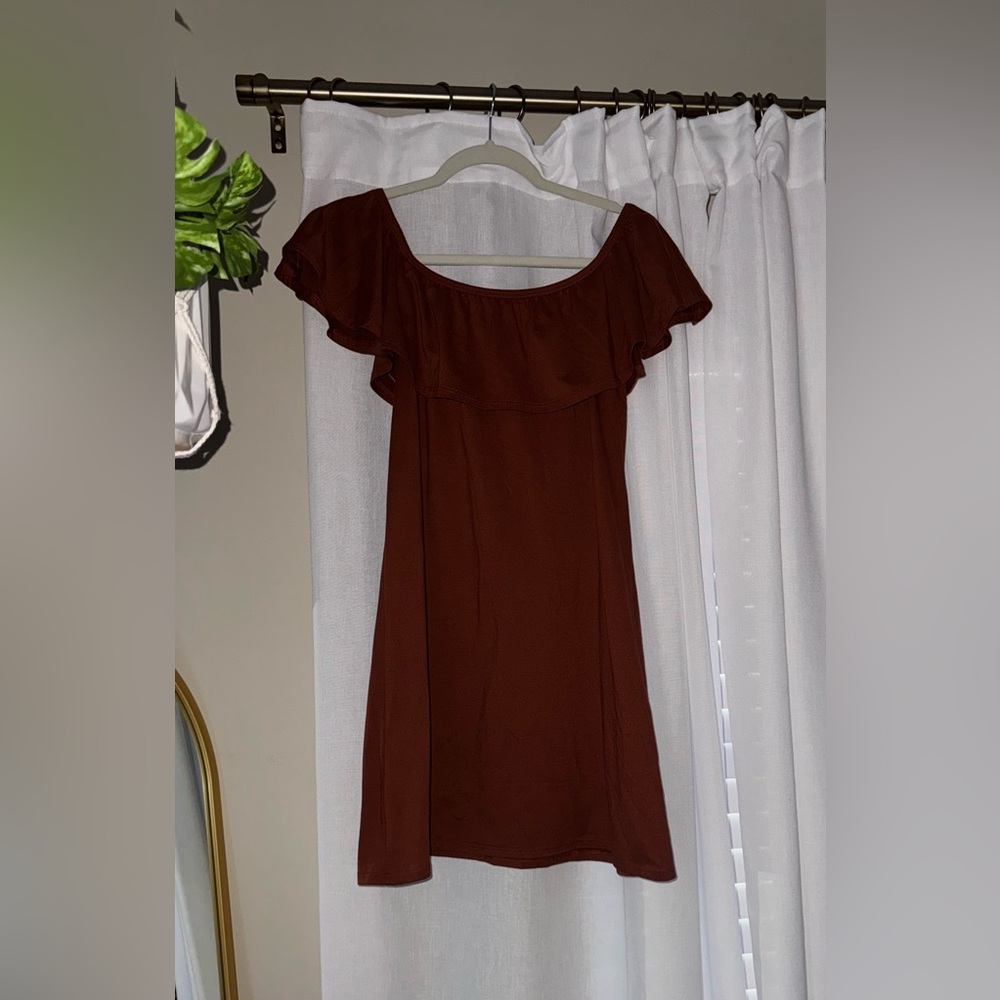 Burnt Orange Ruffle Off-Shoulder Dress